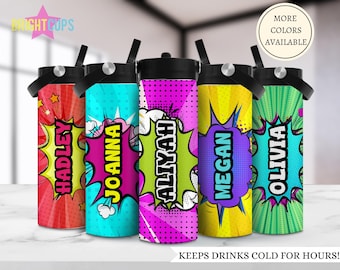 Botella de agua de héroe con nombre, Botella de agua de cómic para niñas, Botella de agua personalizada para niñas, Botella de agua de figura de acción para niñas con nombre