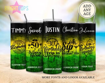 Vasos para vacaciones de cumpleaños en Jamaica, viaje para el 40 cumpleaños, viaje para el 35 cumpleaños, vacaciones de cumpleaños para cualquier edad, vasos personalizados para vacaciones de cumpleaños en grupo.