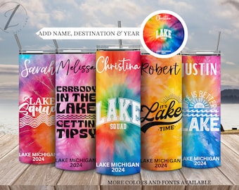 Vasos de vacaciones en el lago, Vasos de escuadrón de vacaciones familiares en el lago, Vasos de viaje al lago para niñas, Vaso de vida personalizado en el lago con nombres, Vaso de viaje al lago con teñido anudado