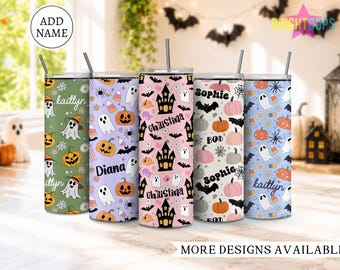 Vasos espeluznantes, vasos personalizados con temática de Halloween, vasos con calabazas, vaso de temporada de otoño, vasos para fiestas de Halloween, vaso de fantasma bohemio con nombre