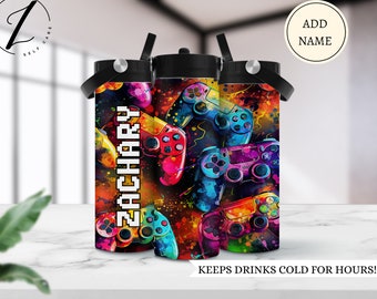 Gamer water bottle for son, Custom game controller water bottle with name, Boy who plays games gift, Kids school water bottle, Gamer boy cup