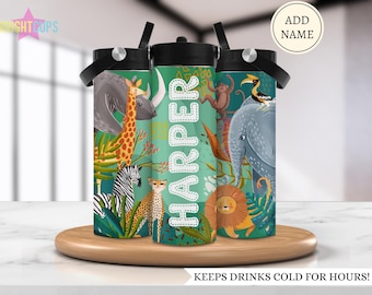 Botella de agua Safari para niños, vaso infantil con animales del zoológico y nombre, botella de agua escolar, vaso térmico, vaso personalizado con animales de la selva para niños
