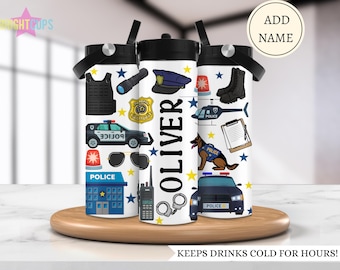 Botella de agua de policía para niños, niño que ama a la policía, taza para niños para la escuela, botella de agua de sheriff, botella de agua aislada, regalo para nieto