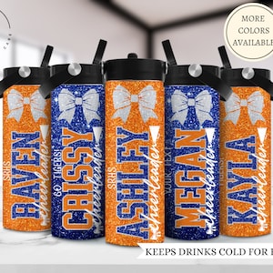 Cheerleader school water bottles, Blue and orange cheer cups, Custom Cheer team water bottles with name, Gift for cheerleader, Competition