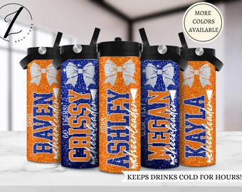 Botellas de agua para la escuela de animadoras, Vasos de animadoras azules y naranjas, Botellas de agua personalizadas para el equipo de animadoras con nombre, Regalo para animadoras, Competencia