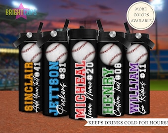 Botella de agua para niños con diseño de jugador de béisbol, vaso deportivo para béisbol infantil, botella de agua isotérmica para jugadores de béisbol, vasos personalizados con nombre y número del equipo.