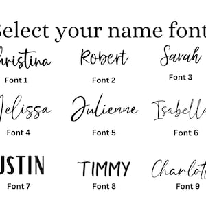 May include: Nine different font styles are displayed with names written in each font. The fonts are labeled "Font 1" through "Font 9".
