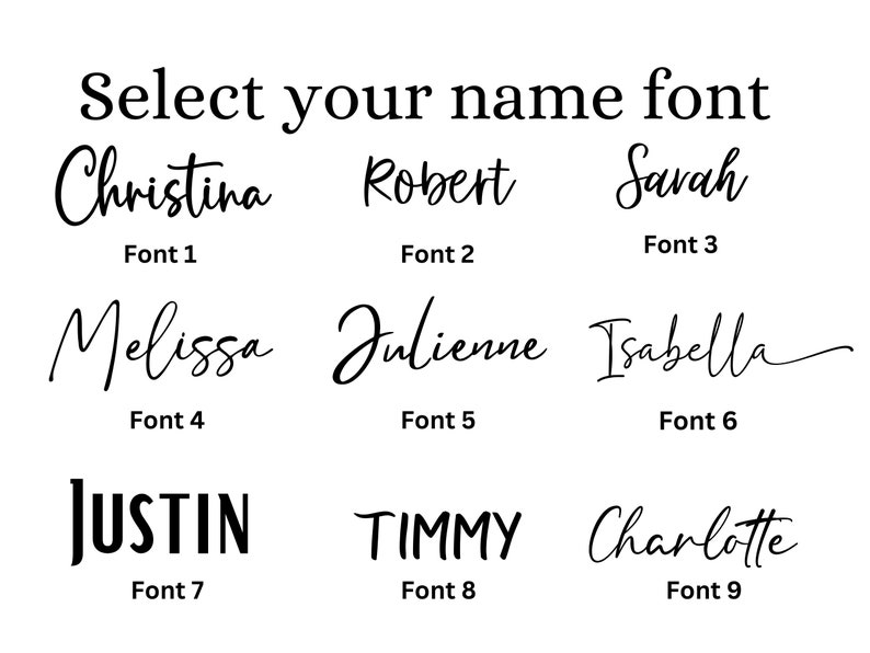 May include: Nine different font styles are displayed with names written in each font. The fonts are labeled "Font 1" through "Font 9".