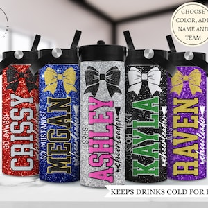 Cheerleader water bottle with name, Personalized glitter cheer team bow water bottle, Custom gift for cheer leader, Middle school cheer team