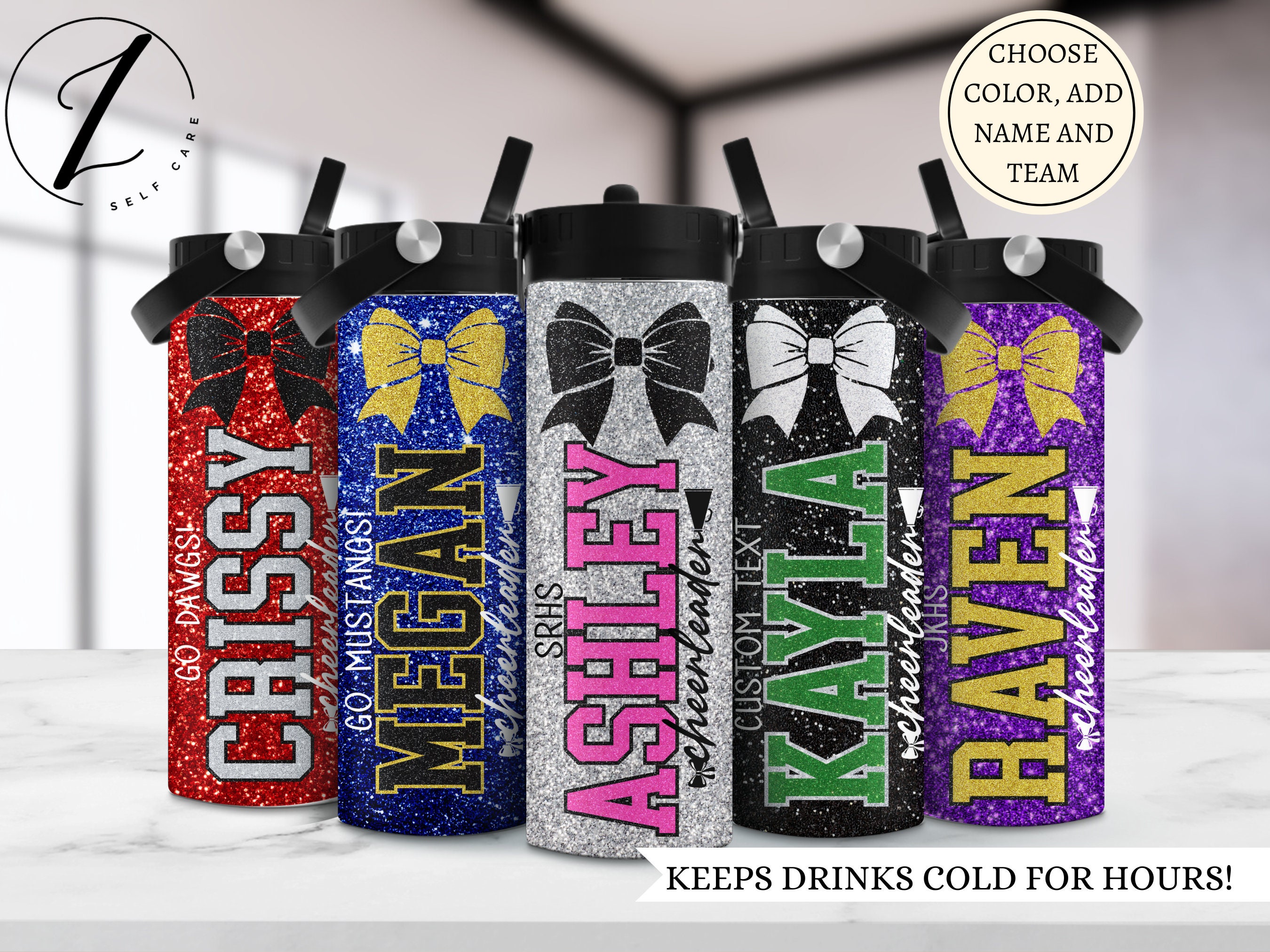 Cheerleader water bottle with name, Personalized glitter cheer team bow water bottle, Custom gift for cheer leader, Middle school cheer team