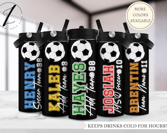 Botella de agua con aislamiento del equipo de fútbol para niños, regalo para jugadores de fútbol, botellas de agua deportivas del equipo de fútbol personalizadas con nombre y número, sin fugas