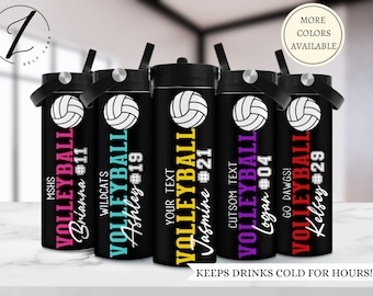 Botellas de agua de voleibol negras, taza deportiva de jugador de voleibol personalizada con nombre, regalo para jugador de voleibol, botella de agua del equipo a juego