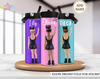 Botella de agua para bailarinas de hip hop para niñas, botella deportiva de hip hop para niños, regalo para bailarina, vaso térmico para niñas, regalo para nieta con nombre