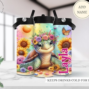 Sunflower Sea turtle water bottle, Kids school water bottle with name, Custom water bottle for girl, Sea turtle cup, Gift for kids