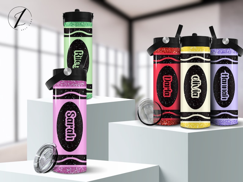 May include: Four personalized stainless steel tumblers with glitter and a crayon design. The tumblers are in the colors green, red, yellow, and purple. The names Riley, Darla, Olivia, and Hannah are printed on the tumblers.