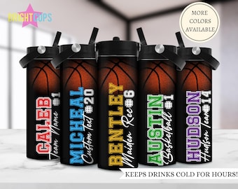 Botella de agua para niños con diseño de baloncesto, botella deportiva para jugadores de baloncesto, vaso térmico para niños, vasos personalizados para regalos de equipo, vasos de baloncesto para niños pequeños.