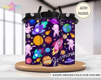 Botella de agua espacial para niñas, vasos para niñas amantes del espacio, botella de agua con planetas, espacio morado y rosa, botella de agua escolar personalizada para niños