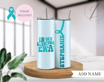 In mijn overlevingstijd beker, beker voor overlevende van eierstokkanker, groenblauw lintbeker, aangepast bewustzijnscadeau eierstokkanker, cadeau voor het verslaan van kanker