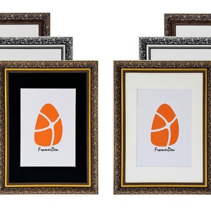 May include: Set of six picture frames with ornate gold, silver and black frames. Each frame has a white or black mount and a white or black background. The frames are all the same size and have a decorative pattern around the edge.