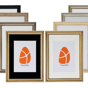 May include: A set of eight picture frames in various sizes and colours, including black, white, and gold. The frames have ornate, decorative edges and are arranged in a staggered pattern. The frames are all empty, but they have a small logo in the bottom right corner that says "FramerDen".