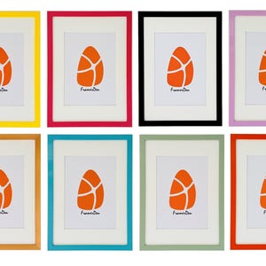 May include: Eight picture frames in a variety of colours: yellow, pink, black, lilac, gold, turquoise, green, and red. Each frame has a white mount and an orange abstract design. The text "FramesDen" is at the bottom of each image.
