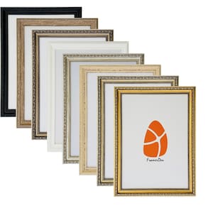 May include: A set of seven picture frames in various colours, including black, white, gold, and brown. The frames have a decorative, ornate design with a raised edge and a beaded border. The frames are arranged in a staggered pattern, with the largest frame at the bottom and the smallest frame at the top. The frames are all empty, and the background is white.