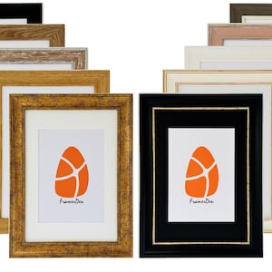 May include: A selection of rectangular picture frames in diverse colours and styles. The frames include black, brown, gold, and white options. Each frame holds a white mount with an orange abstract design and the text "FramerDen".