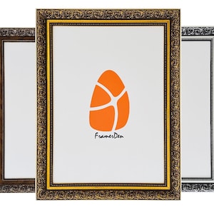 May include: Three ornate picture frames in gold, brown, and silver. The centre frame has a white background with an orange logo that says "FramersDen".