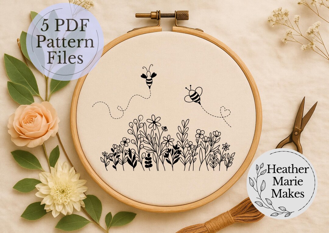 Bee and Wildflower Embroidery Pattern PDF | Hand Embroidery Design ...