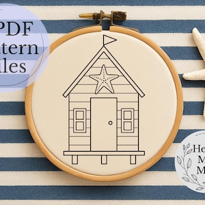 Beach Hut Hand Embroidery Pattern PDF • Coastal Embroidery Design • Digital Download • Beginner-Friendly Hoop Art • Summer Stitching Project