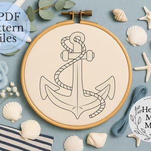 Anchor Embroidery Pattern PDF – Nautical Hand Embroidery Design | 5 Hoop Sizes | Digital Download | Beginner Friendly