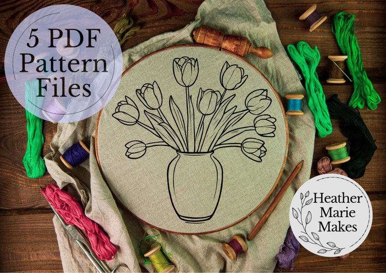 Tulip Hand Embroidery Design, 5 PDF Embroidery Hoop Sizes, Spring ...