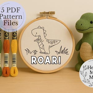Dinosaurus handborduurpatroon pdf – digitaal schetsontwerp voor kinderkamerdecoratie, kraamcadeau, kinderkamerhoepelkunst, dinosaurusborduurwerk