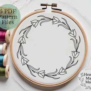 Floral Wreath Hand Embroidery Design, 5 PDF Embroidery Hoop Digital Download, Tulip Flower Wreath Embroidery Design, Modern Embroidery
