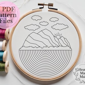 Mountain Hand Embroidery Art, 5 PDF Embroidery Hoop Digital Downloads, Nature Embroidery, Sunset Embroidery, Beginner Embroidery