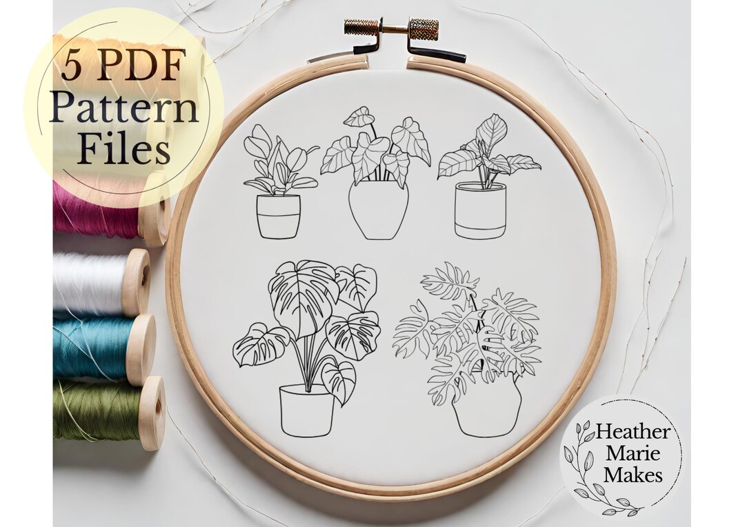 House Plant Hand Embroidery Design, 5 PDF Embroidery Hoop Digital ...