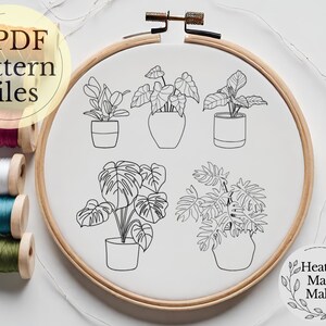 House Plant Hand Embroidery Design, 5 PDF Embroidery Hoop Digital Download, Botanical Hand Embroidery Art, Modern Embroidery