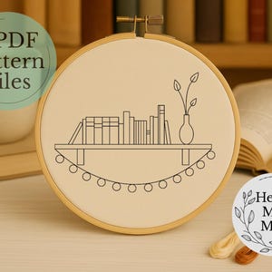 Bücherregal Stickmuster PDF – Digitaler Download – Leseecke Stickrahmen Kunst – Moderne Stickerei für Anfänger – Literaturgeschenk DIY