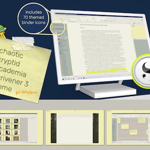 Puede incluir: Una pantalla de ordenador que muestra un programa de escritura con un tema amarillo y gris. El programa se llama Scrivener 3 y el tema se llama "Chaotic Cryptid Academia". La pantalla también muestra un documento de texto titulado "El retrato de Dorian Gray por Oscar Wilde".