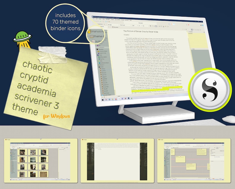 Może przedstawiać: Ekran komputera wyświetlający program do pisania z ż&oacute;łtym i szarym motywem. Program nazywa się Scrivener 3, a motyw to "Chaotic Cryptid Academia". Na ekranie widoczny jest r&oacute;wnież dokument tekstowy zatytułowany "Portret Doriana Graya autorstwa Oscara Wilde'a".