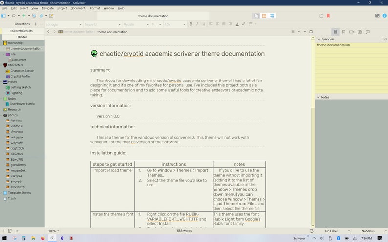 Może przedstawiać: Zrzut ekranu z komputera, na kt&oacute;rym widoczny jest dokument zatytułowany "chaotic/cryptid academia scrivener theme documentation". Dokument zawiera informacje o temacie, w tym jego wersję, informacje techniczne i instrukcje instalacji. Dokument jest otwarty w oprogramowaniu Scrivener.