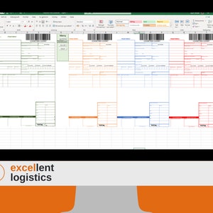 Puede incluir: Una pantalla de ordenador que muestra una hoja de cálculo con un esquema de colores verde, naranja y rojo. La hoja de cálculo está etiquetada como "FRACHTBRIEF" y contiene códigos de barras y números. La hoja de cálculo probablemente se utiliza para realizar un seguimiento de los envíos o las entregas.