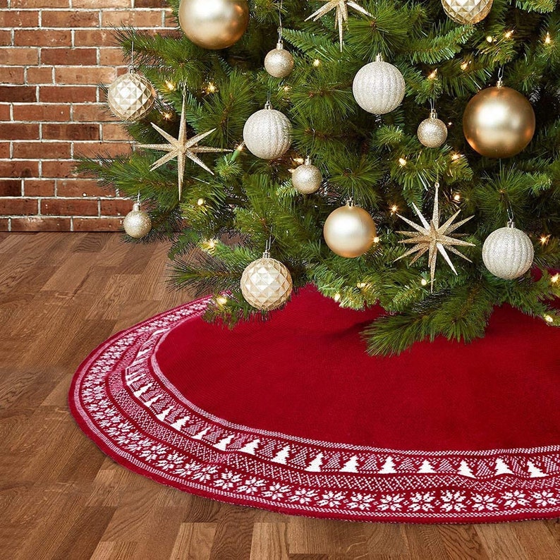 Christmas Tree Skirt, Knitted Snowflake and Xmas Tree Pattern 36inch - Etsy