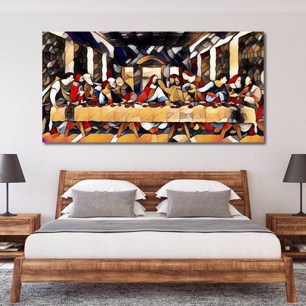 Wall painting digital design of the Last Supper of Christ. Modern art, stained glass effect.