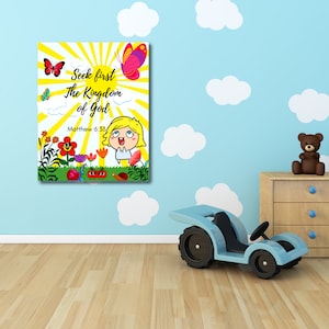 Vrolijk kinderkamercadeau. Digitale christelijke ontwerp kunst aan de muur. Zoek eerst het koninkrijk der hemelen. DOY-kerstcadeau.