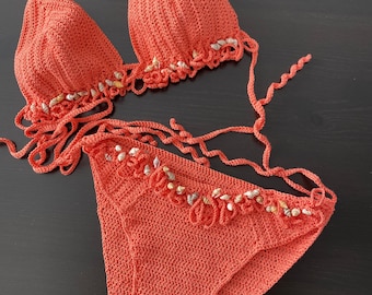 Crochet Bikini Set, Coral Swimsuit with Seashells, Handmade