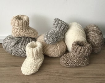 Chaussons en  alpaga et coton  tricotés main pour bébé, oeko tex