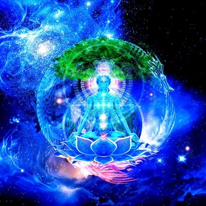 May include: Digital artwork showing a meditating figure in a lotus position, emitting blue light. The figure is encircled by geometric forms, a tree, and a dragon, set against a cosmic backdrop of swirling blues and stars.