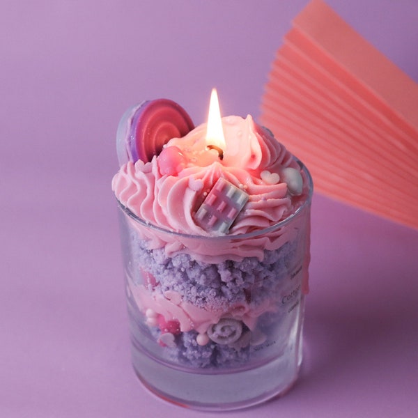 Handmade cotton candy whipped cream candle, funky colorful candle, fake food dessert candle, strongly scented with candy floss. Gift candle