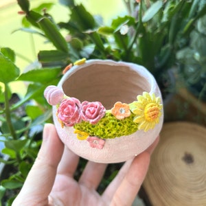 Handmade and hand painted succulent Lithops mini planter pot with colorful flowers shapes